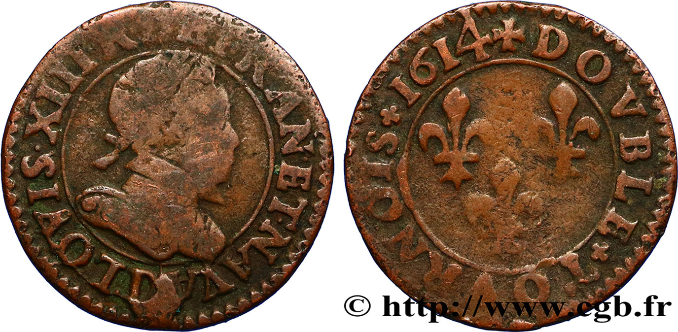 LOUIS XIII LE JUSTE Double tournois, type 3 1614 Lyon TB