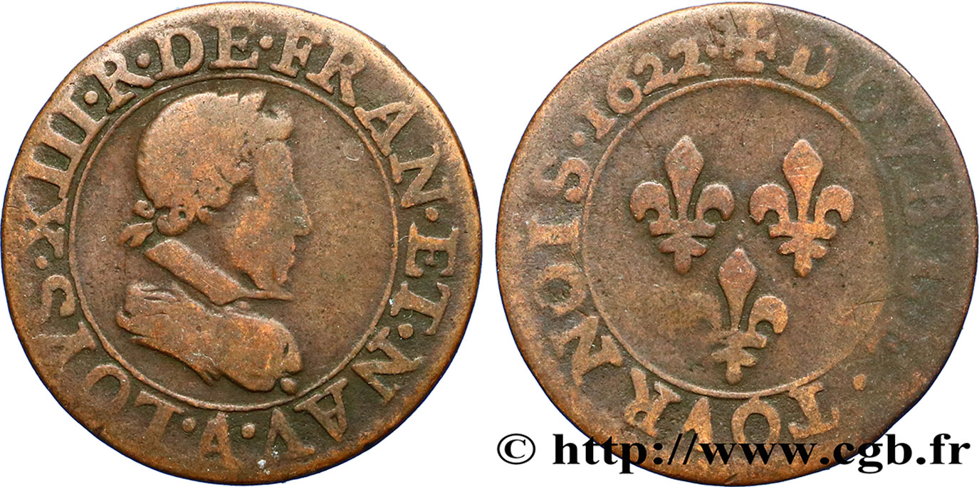 LOUIS XIII  Double tournois, type 2 de Paris 1622 Paris VF