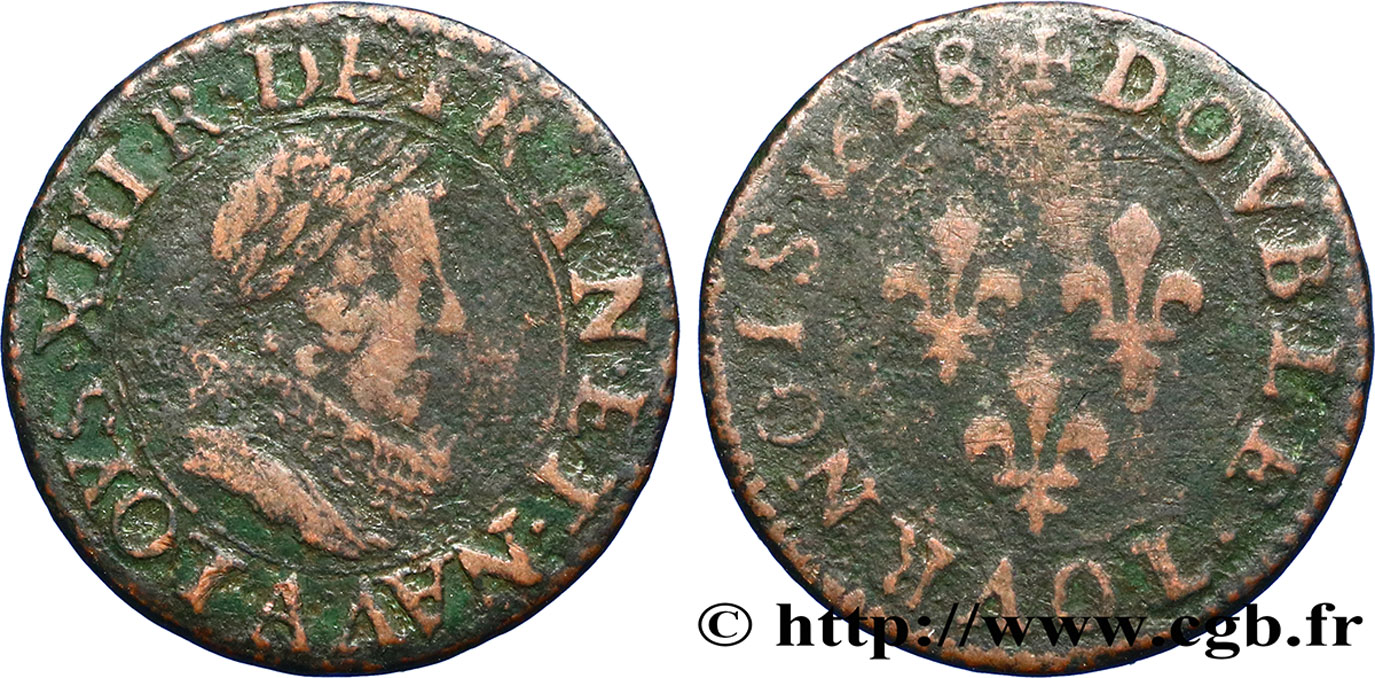 LOUIS XIII LE JUSTE Double tournois, type 5 de Paris 1628 Paris TB