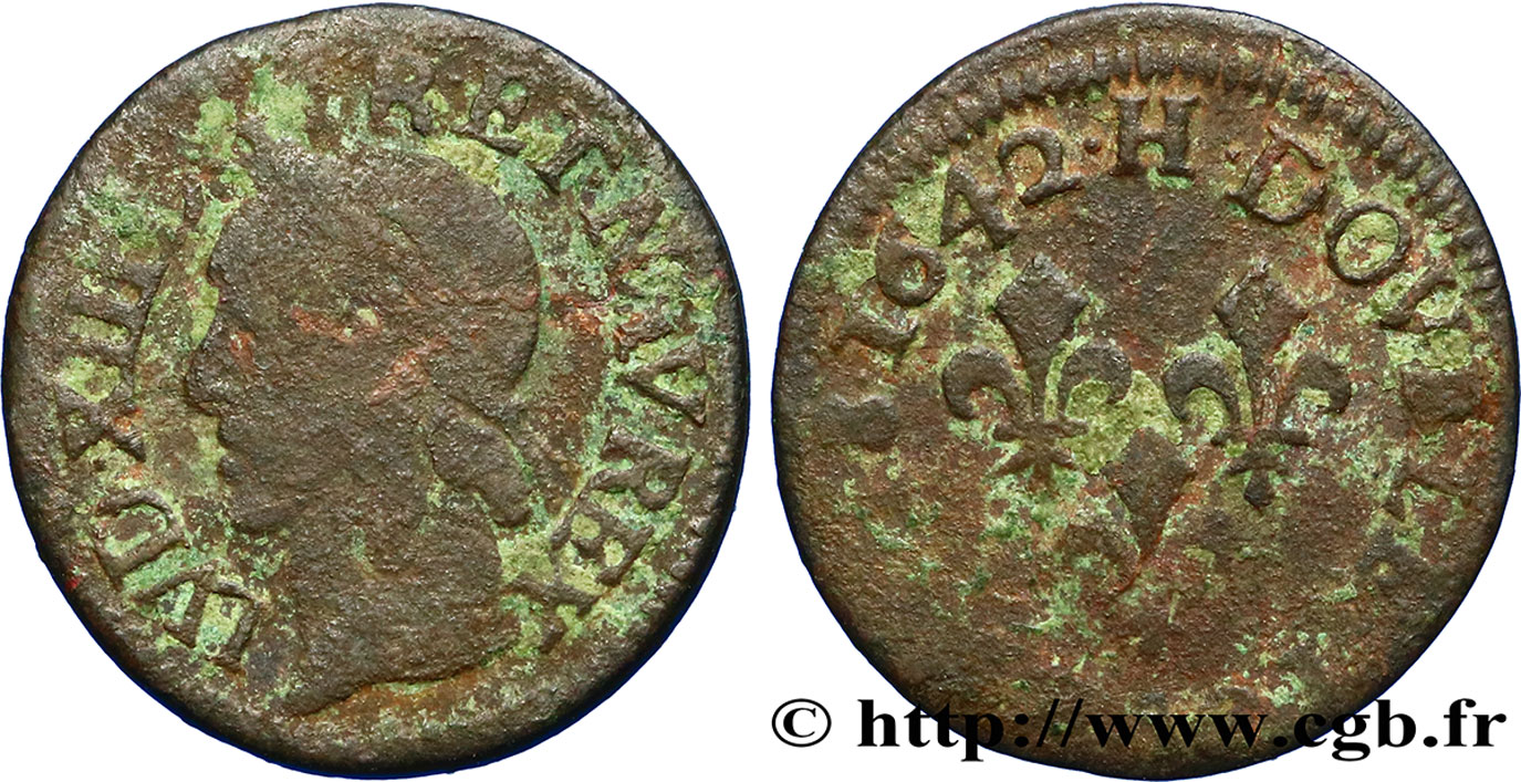 LOUIS XIII LE JUSTE Double tournois, type de Warin 1642 La Rochelle TB