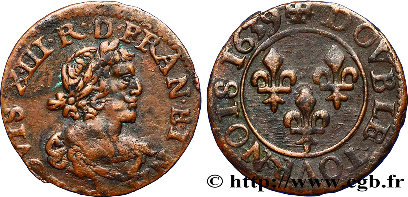 LOUIS XIII LE JUSTE Double tournois, 19e type 1639 Tours TB+