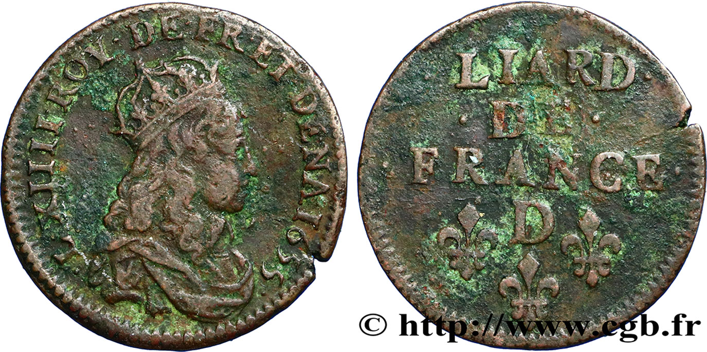 LOUIS XIV LE GRAND OU LE ROI SOLEIL Liard de cuivre, 2e type 1655 Vimy-en-Lyonnais (actuellement Neuville-sur-Saône) TTB/TB+