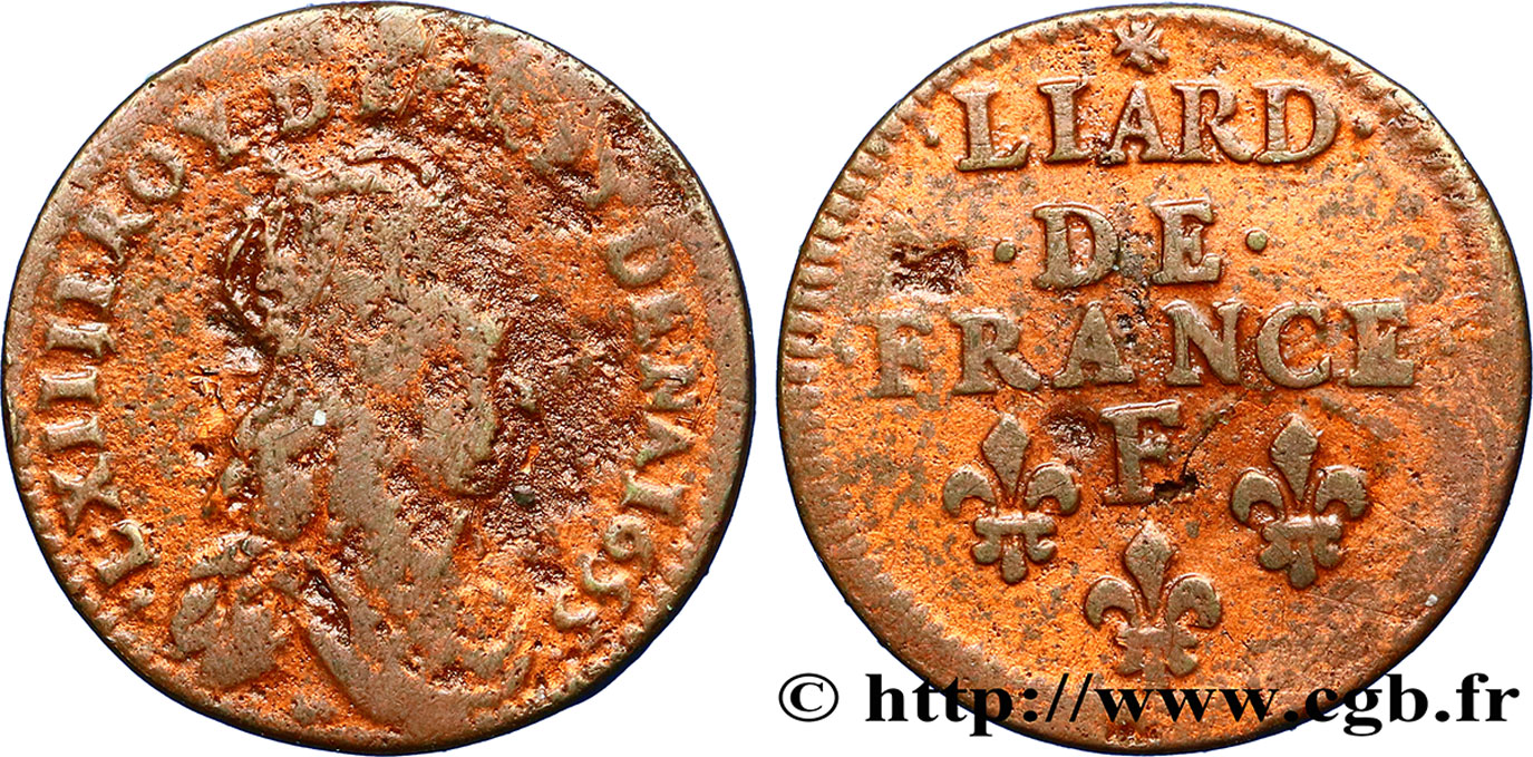 LOUIS XIV LE GRAND OU LE ROI SOLEIL Liard de cuivre, 2e type 1655 Meung-sur-Loire B+/TB+