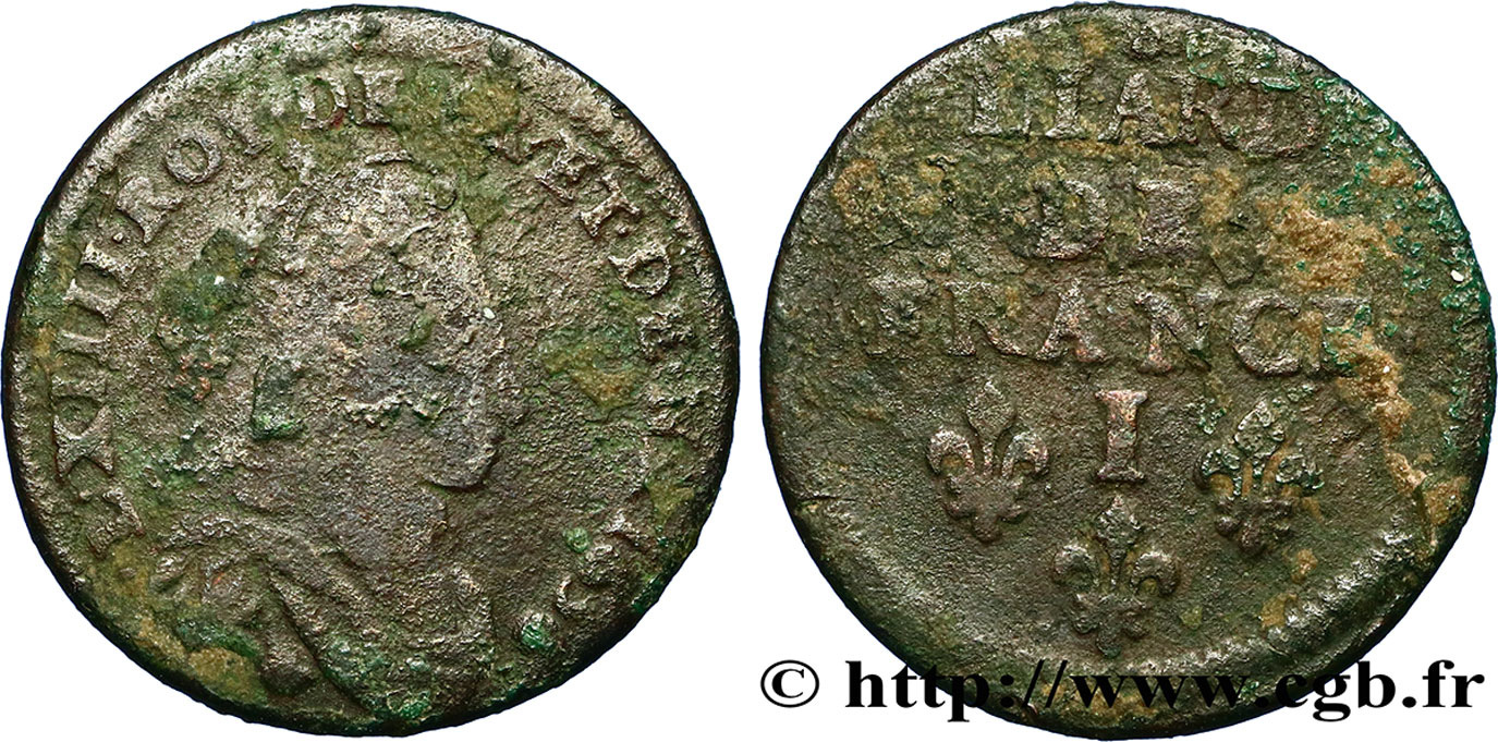 LOUIS XIV LE GRAND OU LE ROI SOLEIL Liard de cuivre, 2e type 1656 Limoges B+/TB