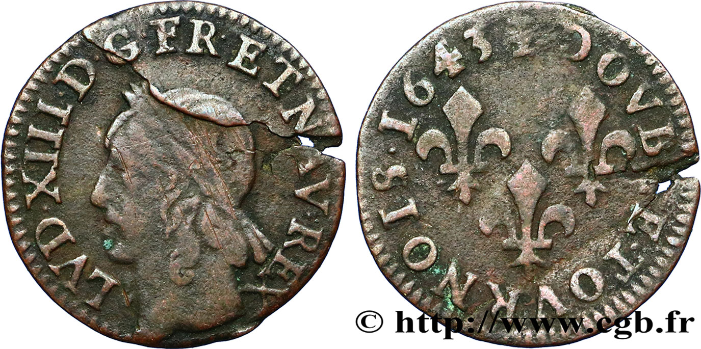 LOUIS XIII LE JUSTE Double tournois, type de Warin, légende latine 1643  TB+
