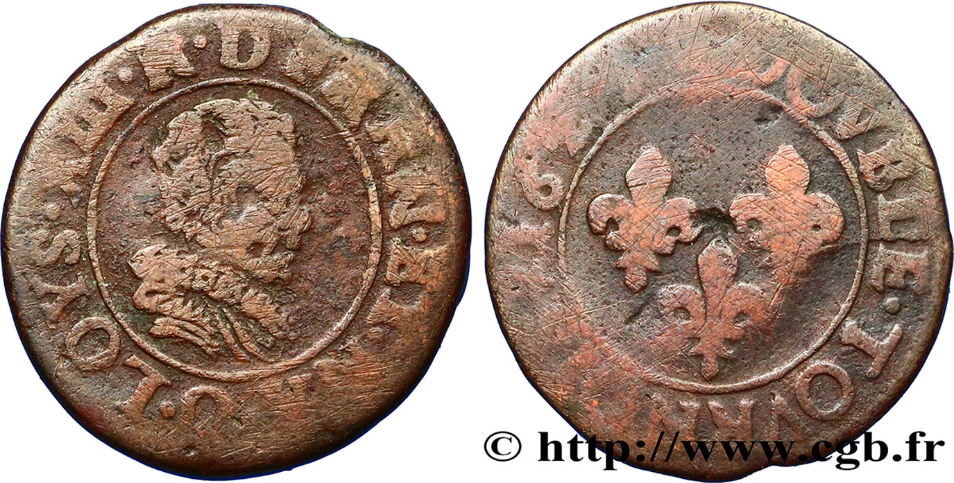 LOUIS XIII LE JUSTE Double tournois, type 4 1625 Riom B+