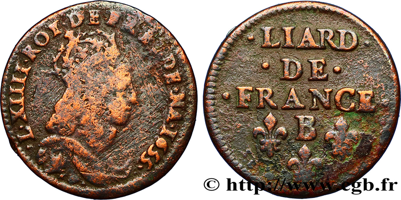 LOUIS XIV  THE SUN KING  Liard de cuivre, 2e type 1655 Pont-de-l’Arche F