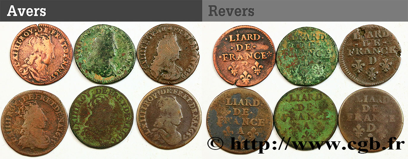 LOUIS XIV LE GRAND OU LE ROI SOLEIL Lot de six liards n.d. Ateliers divers B+