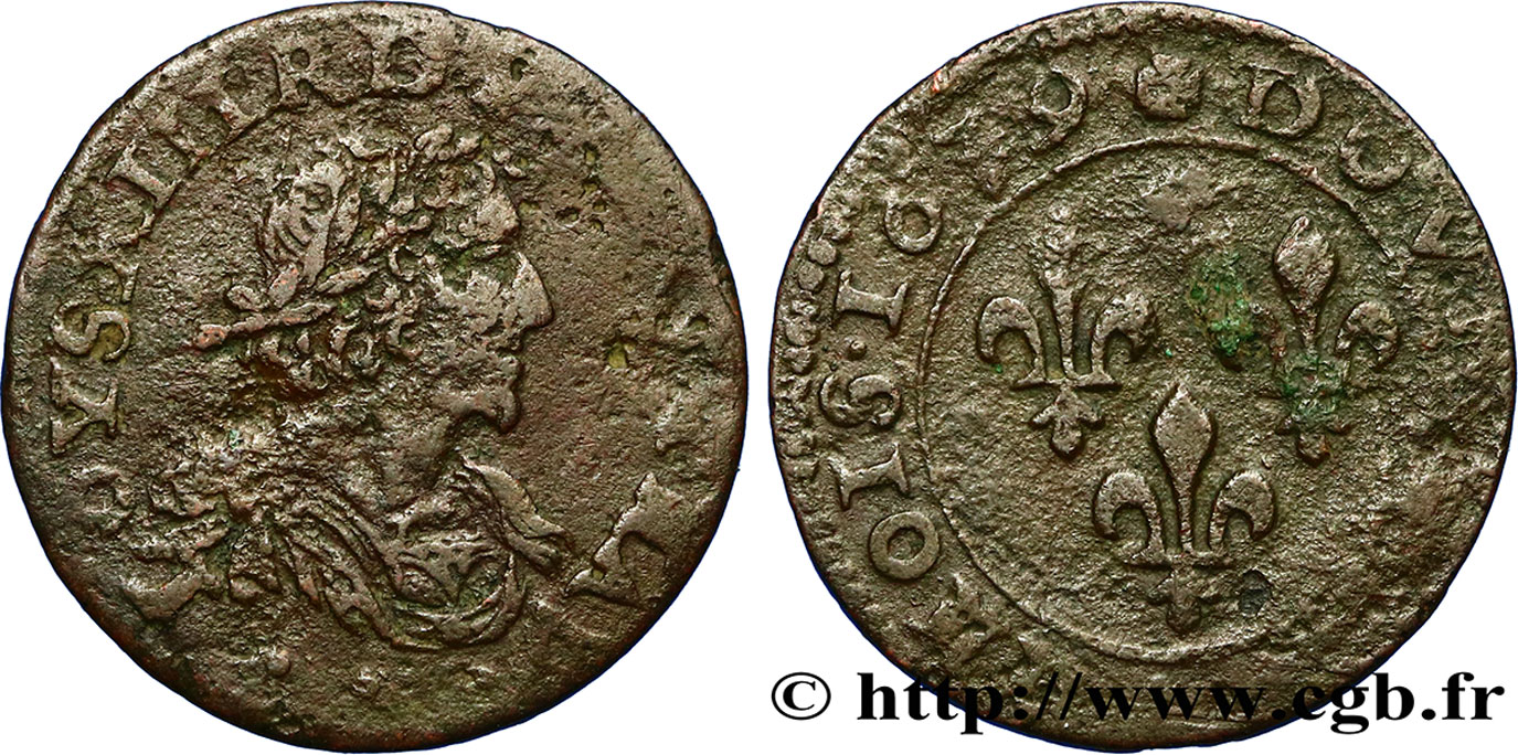 LOUIS XIII LE JUSTE Double tournois au grand buste viril drapé 1639 Vallée du Rhône TB