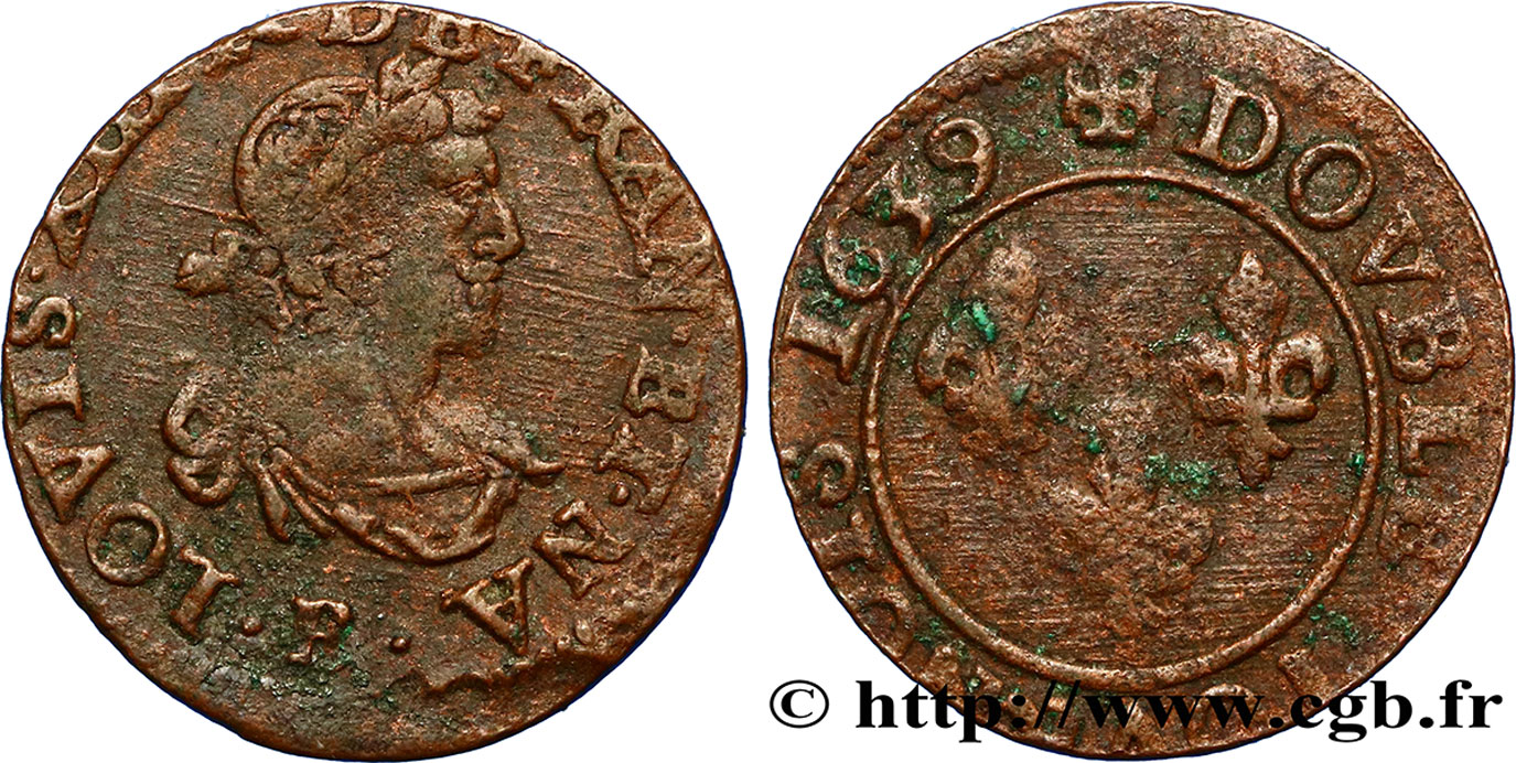 LOUIS XIII LE JUSTE Double tournois, 19e type 1639 Tours TB