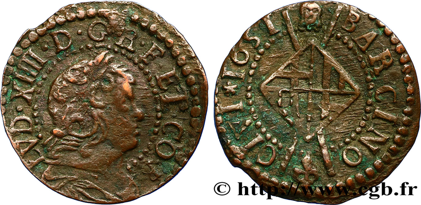 SPANIA - BARCELONA - LOUIS XIV  THE SUN KING  Sizain, 2e type 1651 Barcelone q.SPL
