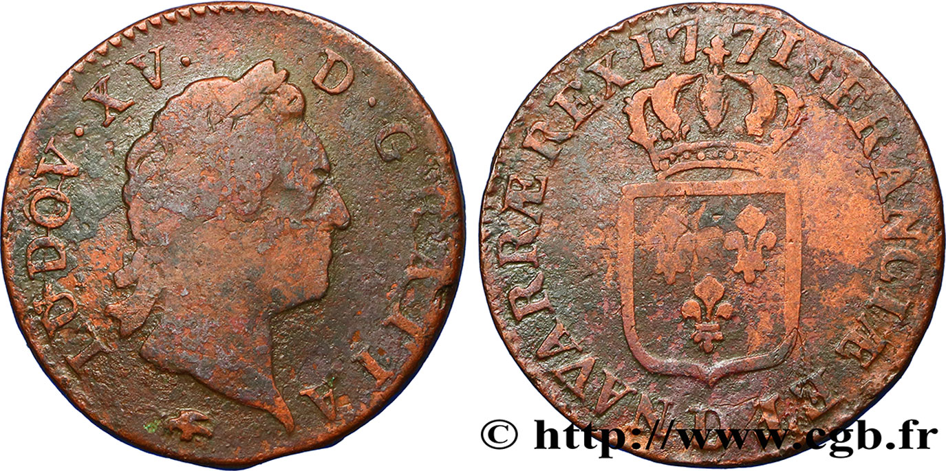 LOUIS XV DIT LE BIEN AIMÉ Sol dit &nbsp;à la vieille tête&nbsp; 1771 Lyon B+/TB