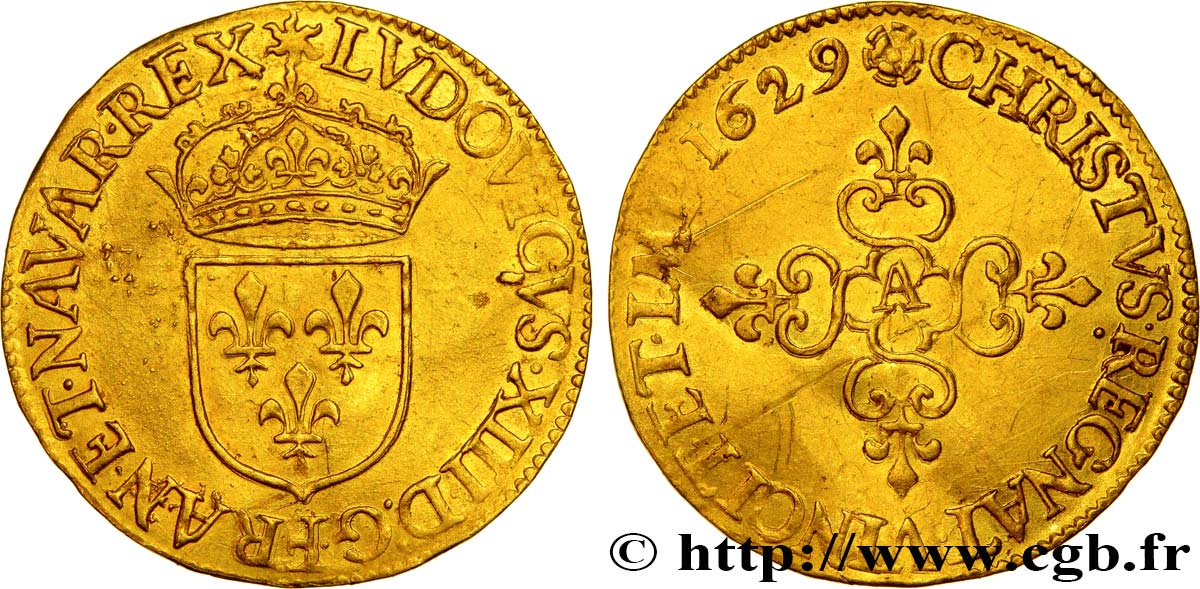 LOUIS XIII LE JUSTE Écu d or au soleil, à la croix anillée fleurdelisée 1629 Paris, Monnaie du Louvre TTB+