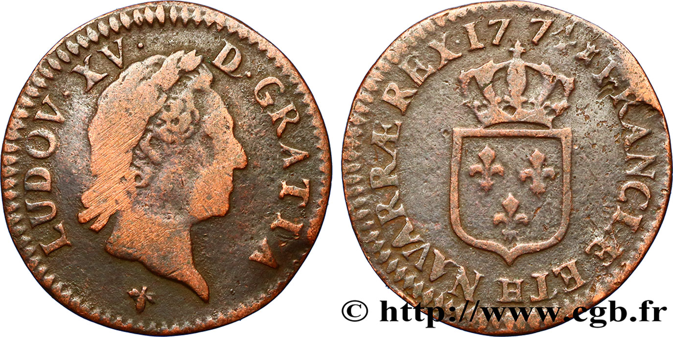 LOUIS XV THE BELOVED Demi-sol dit  à la vieille tête  1774 La Rochelle VF/VF
