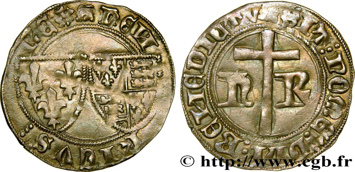 HENRY VI DE LANCASTRE - ROI DE FRANCE (1422-1453) - ROI D ANGLETERRE (1422-1461) et (1470-1471) Petit blanc aux écus 04/06/1423 Rouen TTB