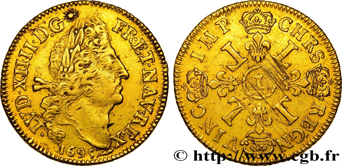 LOUIS XIV  THE SUN KING  Double louis d or aux quatre L 1695 Bayonne BB