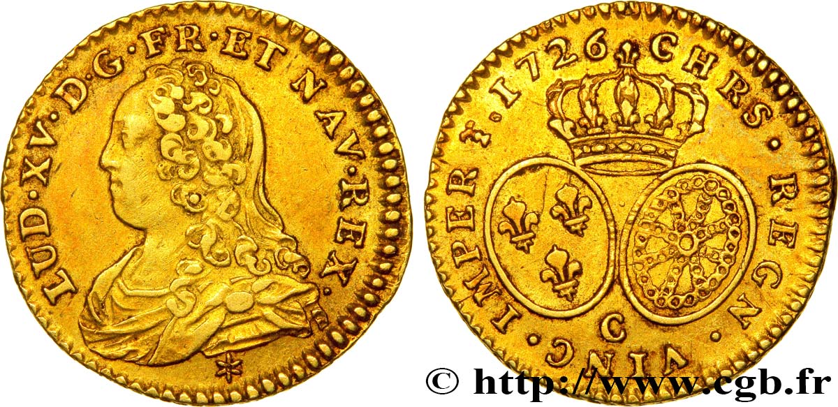 LOUIS XV  THE WELL-BELOVED  Demi-louis d or aux écus ovales, buste habillé 1726 Caen q.SPL/SPL