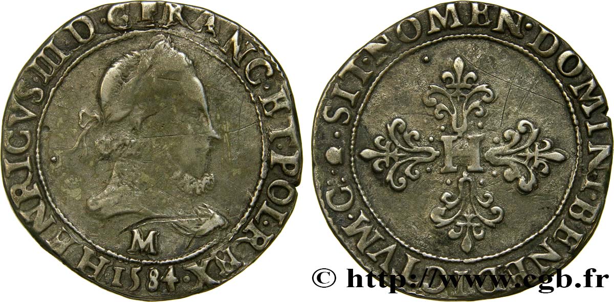 HENRY III Franc au col fraisé 1584 Toulouse XF