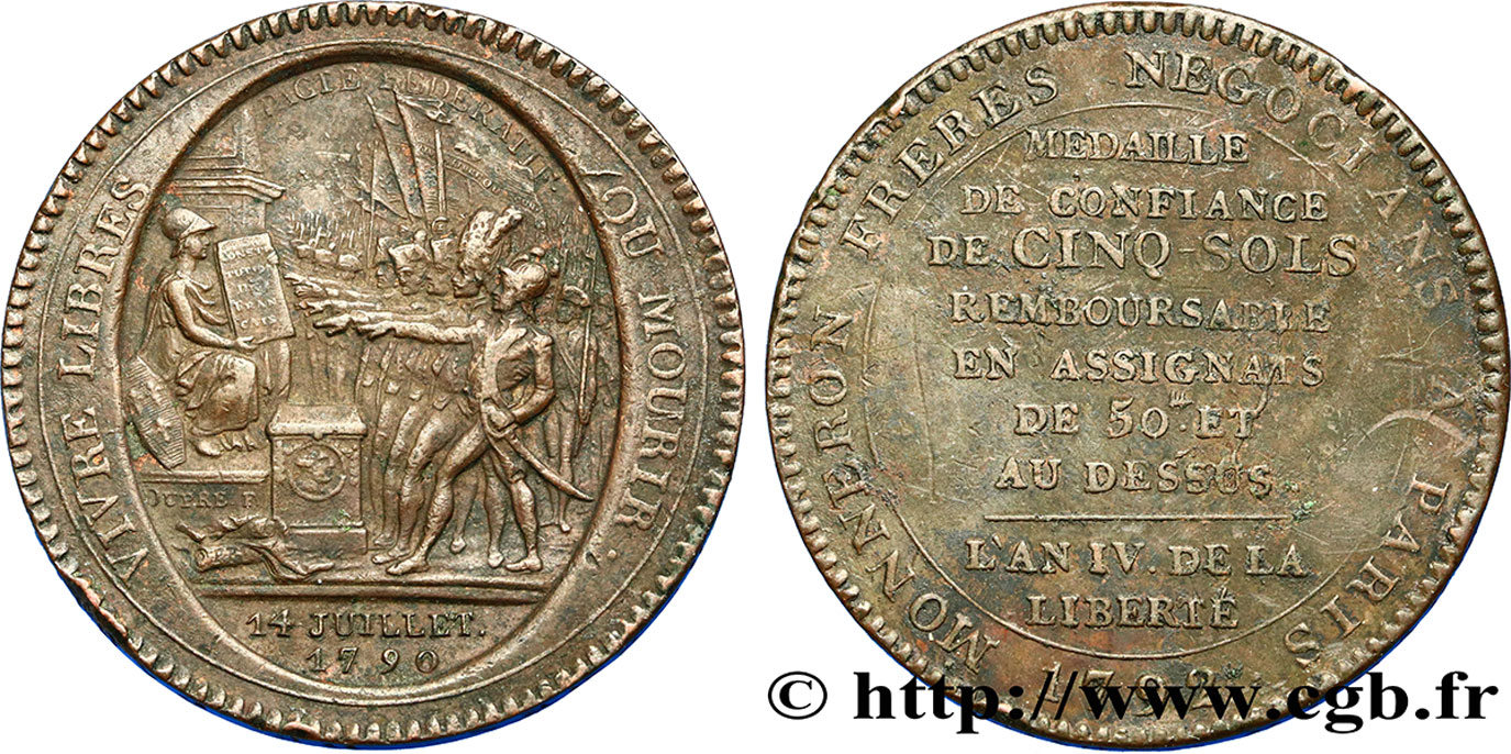 REVOLUTION COINAGE Monneron de 5 sols au serment (An IV), 3e type 1792 Birmingham, Soho XF