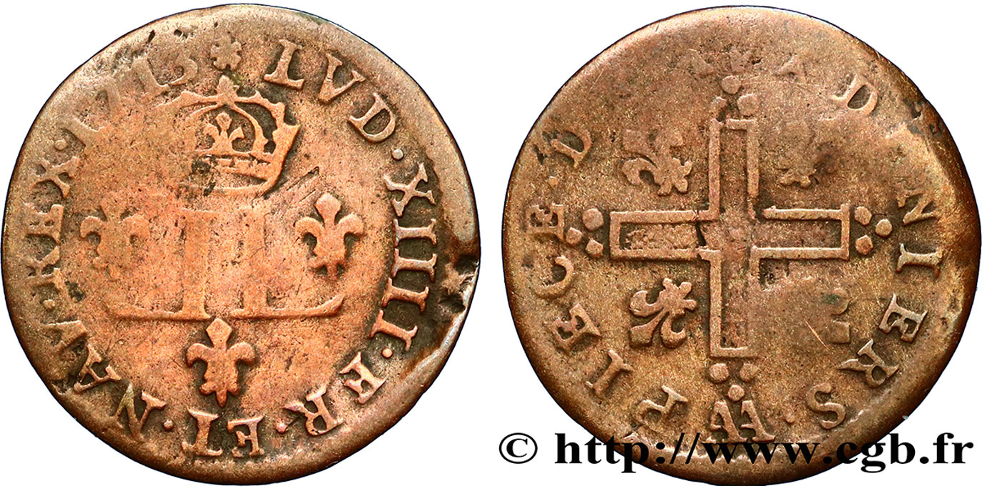 LOUIS XIV LE GRAND OU LE ROI SOLEIL XV deniers aux 2 L couronnées 1713 Metz TB