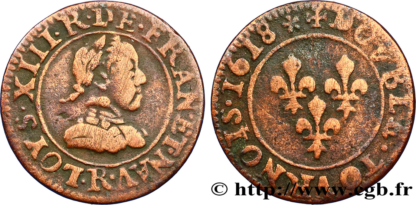 LOUIS XIII  Double tournois, buste adolescent, type 1 1618 Saint-André de Villeneuve-lès-Avignon VF