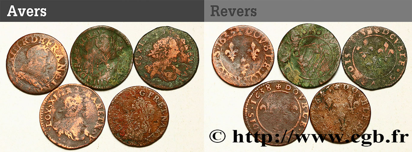 LOUIS XIII LE JUSTE Lot de 5 doubles tournois de Louis XIII n.d. s.l. B+