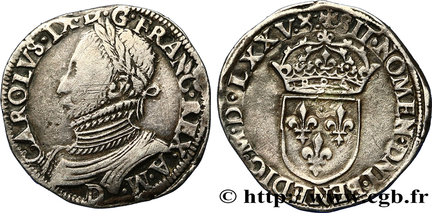 HENRI III. MONNAYAGE AU NOM DE CHARLES IX Teston, 11e type 1575 Lyon TTB