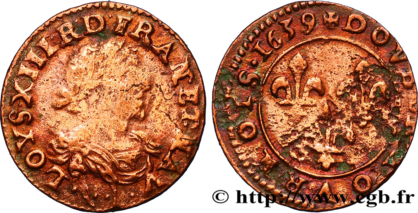 LOUIS XIII LE JUSTE Double tournois au grand buste viril drapé 1639 Vallée du Rhône TB