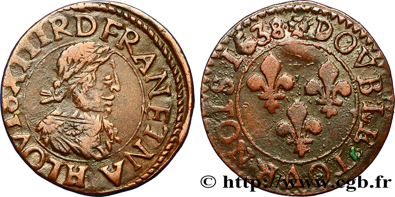 LOUIS XIII LE JUSTE Double tournois, type 7 1638 La Rochelle TTB