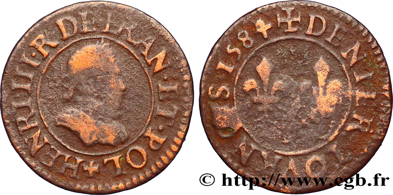 HENRI III Denier tournois, 1er type de Paris 1584 Paris, Moulin des Étuves B+
