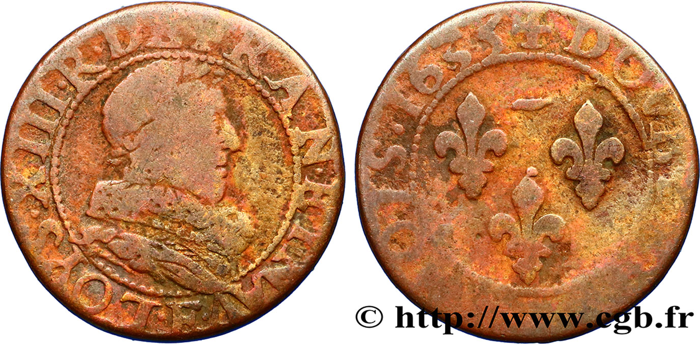 LOUIS XIII LE JUSTE Double tournois, type 1 de Tours 1635 Tours TB/B+