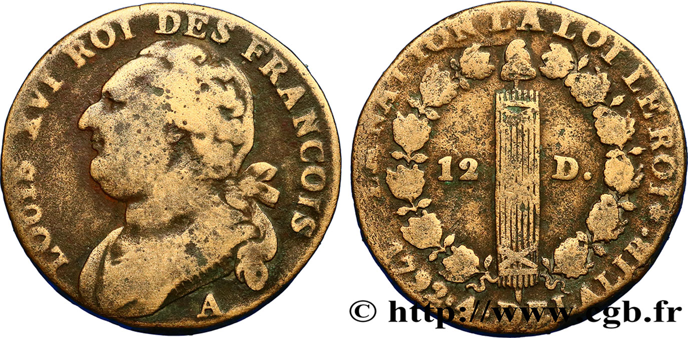 LOUIS XVI (MONARQUE CONSTITUTIONNEL)  12 deniers dit &nbsp;au faisceau&nbsp;, type FRANCOIS 1792 Paris TB