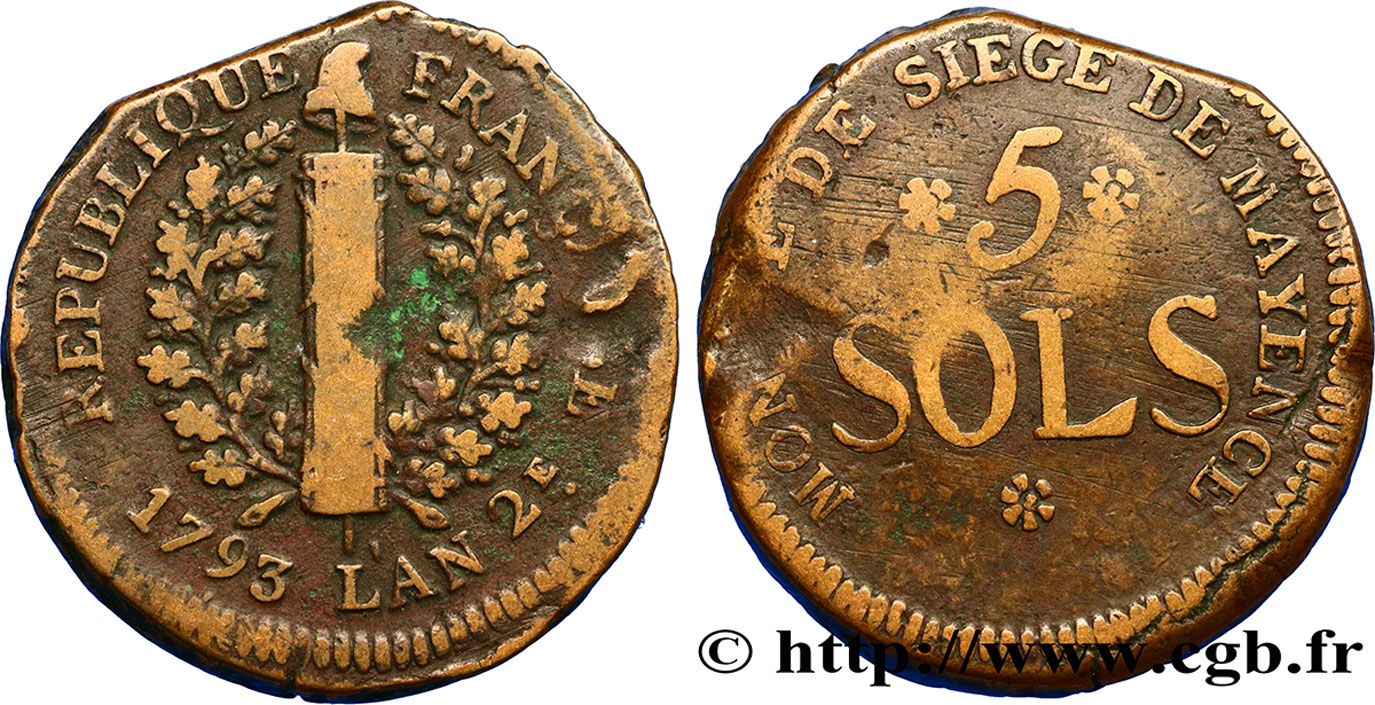 SIÈGE DE MAYENCE 5 sols 1793 Mayence TB+