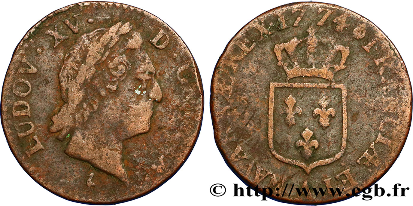 LOUIS XV DIT LE BIEN AIMÉ Demi-sol dit &nbsp;à la vieille tête&nbsp; 1774 Paris TB