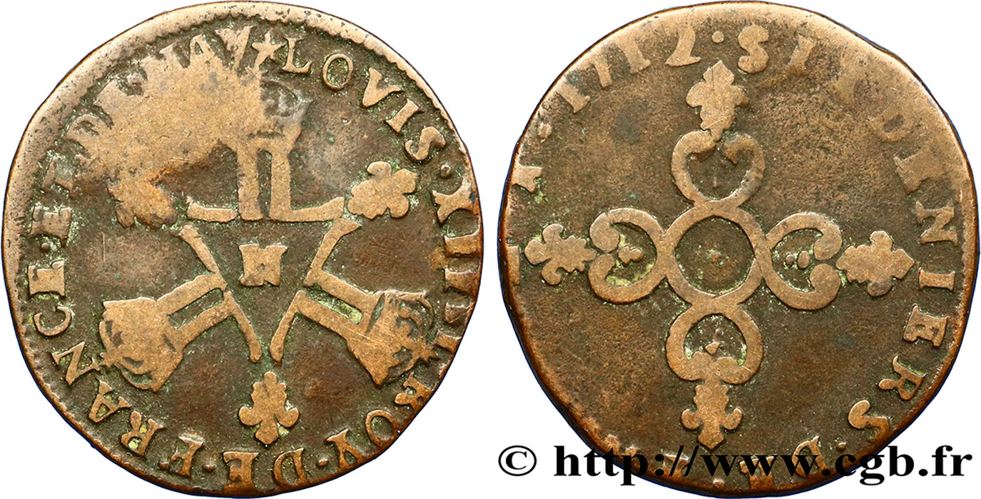 LOUIS XIV LE GRAND OU LE ROI SOLEIL Six deniers dits  Dardenne  1712 Montpellier TB/B+