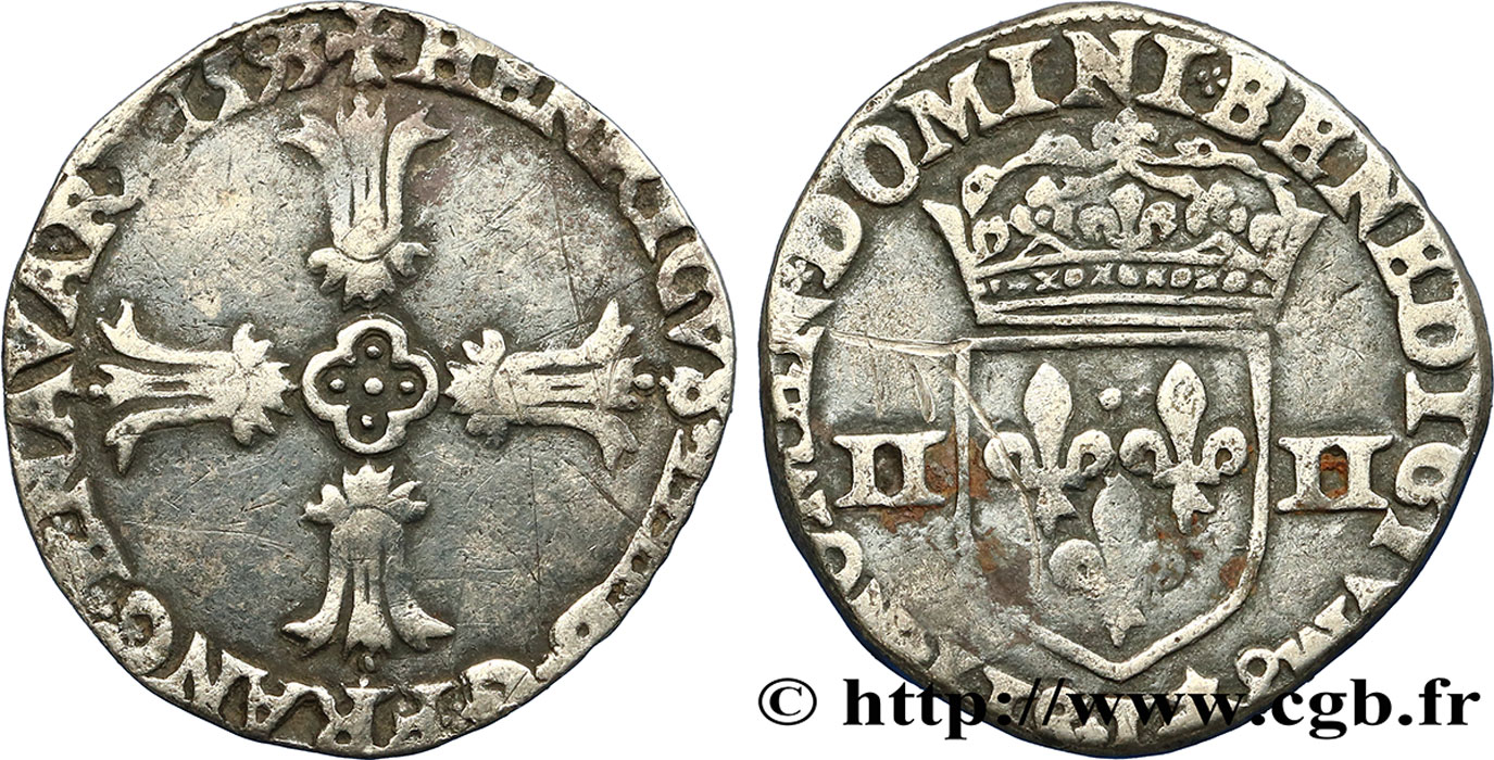 HENRI IV LE GRAND Quart d&nbsp;écu, croix feuillue de face 1593 Bayonne TB+