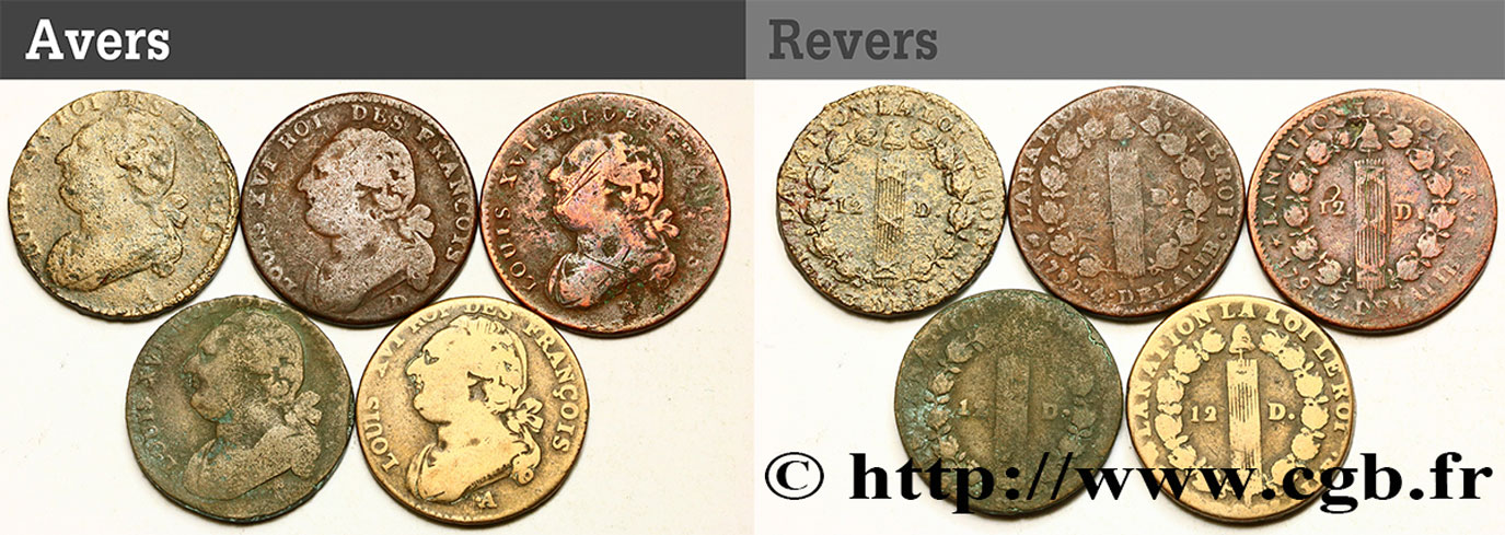LOTS Lot de cinq pièces de 12 deniers dit &nbsp;au faisceau&nbsp;, type FRANCOIS n.d. s.l. B+