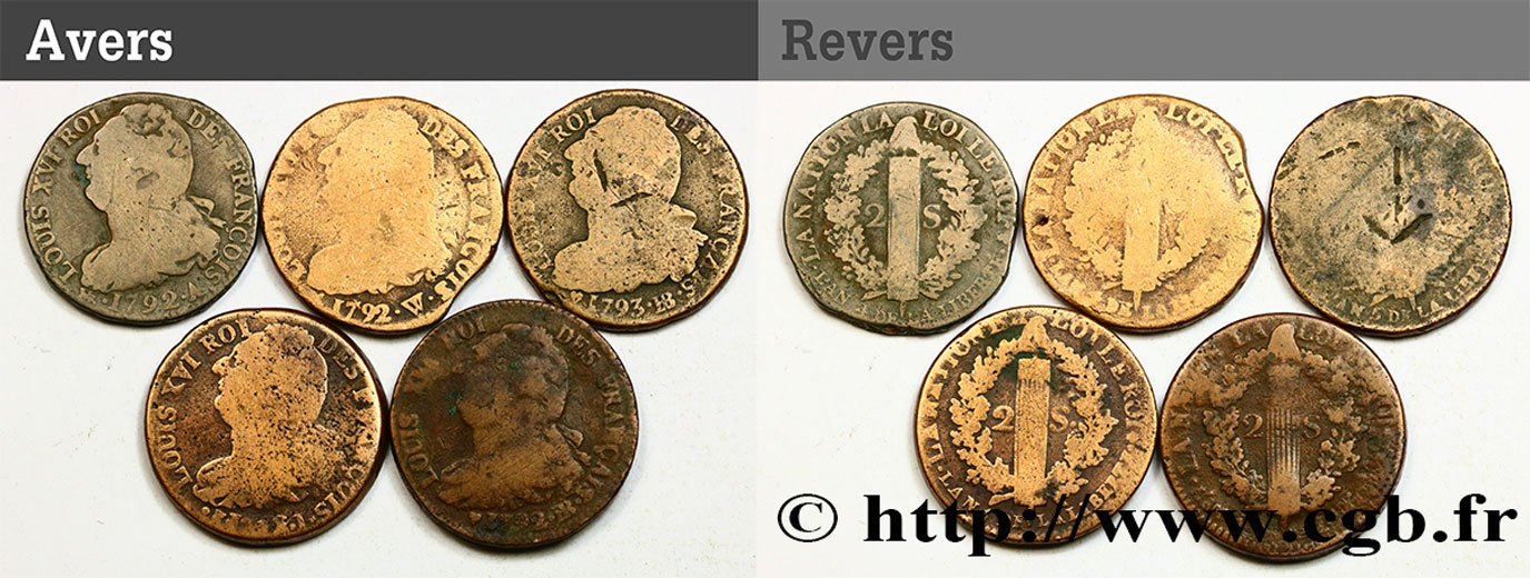 LOUIS XVI (MONARQUE CONSTITUTIONNEL)  Lot de cinq pièces de 2 sols dit &nbsp;au faisceau&nbsp;, type FRANÇOIS n.d. s.l. B+