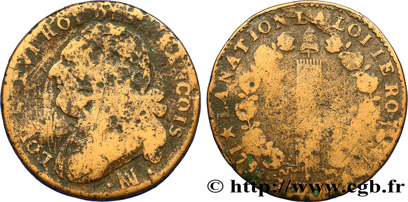 LOUIS XVI (MONARQUE CONSTITUTIONNEL)  12 deniers dit &nbsp;au faisceau&nbsp;, type FRANCOIS 1791 Marseille B+