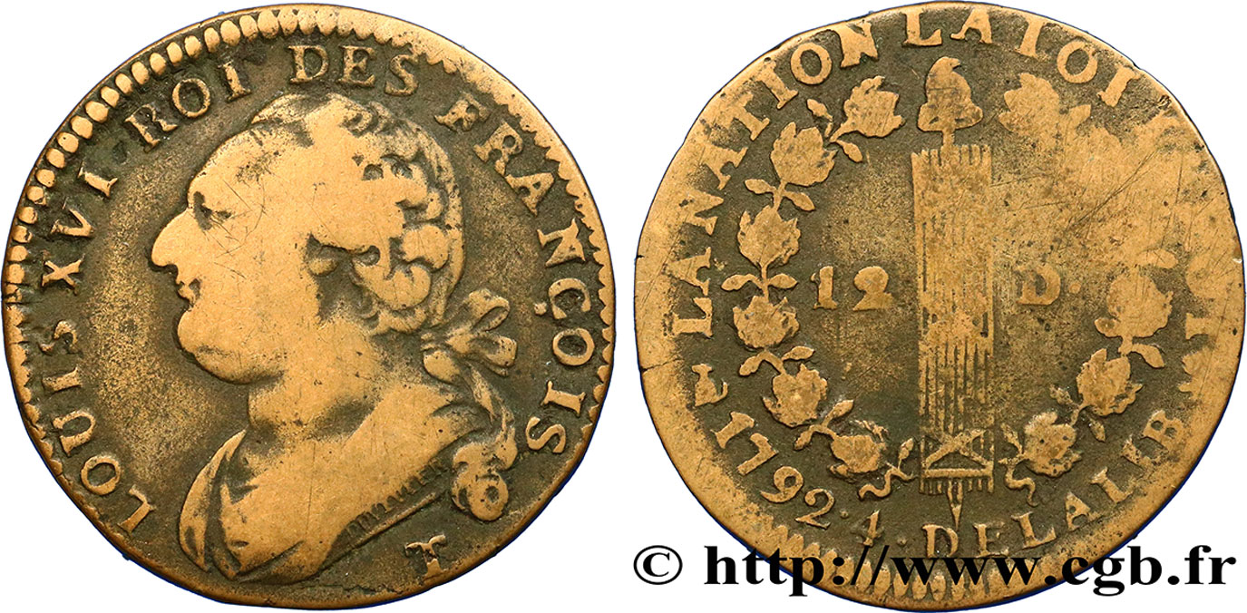 LOUIS XVI (MONARQUE CONSTITUTIONNEL)  12 deniers dit &nbsp;au faisceau&nbsp;, type FRANÇOIS 1792 Nantes TB