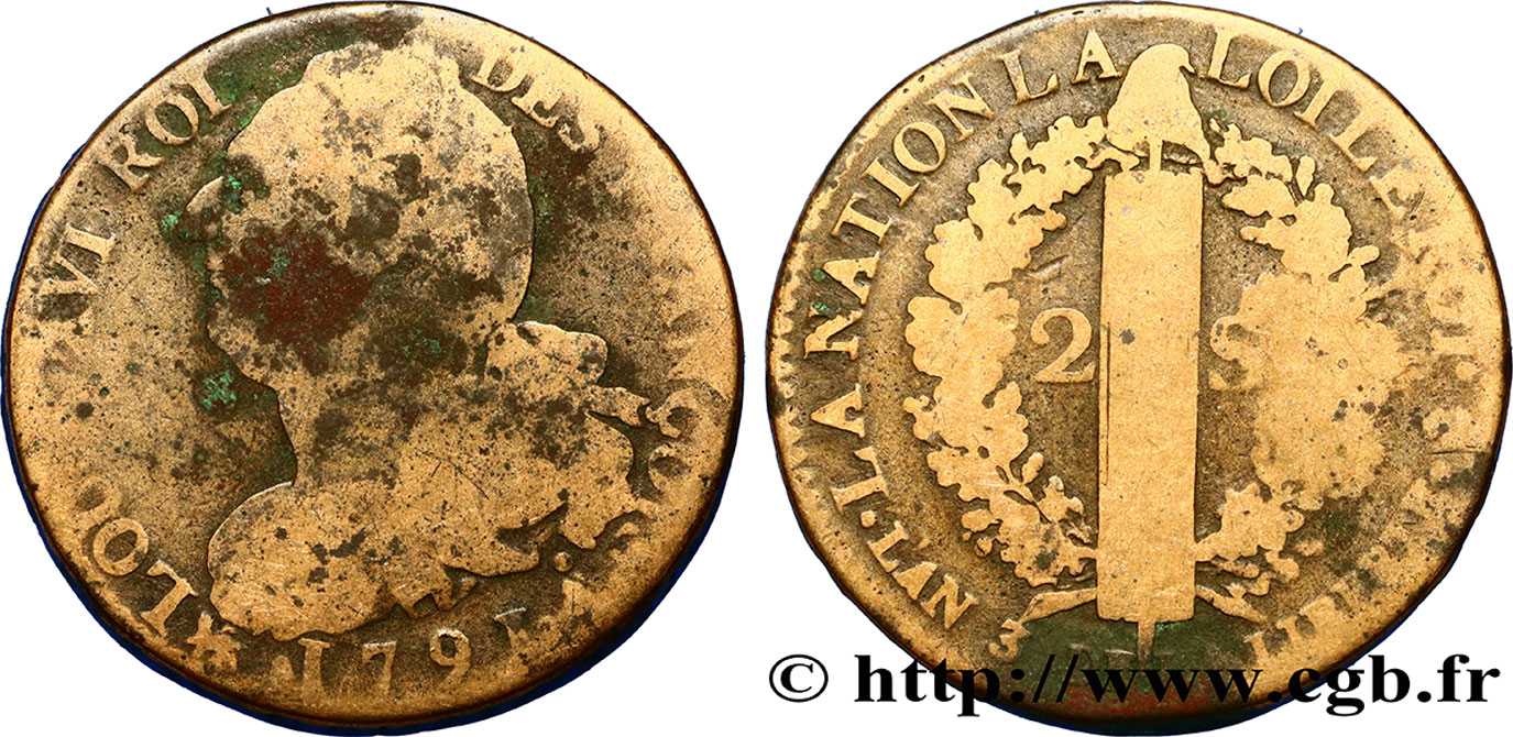 LOUIS XVI (MONARQUE CONSTITUTIONNEL)  2 sols dit &nbsp;au faisceau&nbsp;, type FRANÇOIS 1791 Paris B+