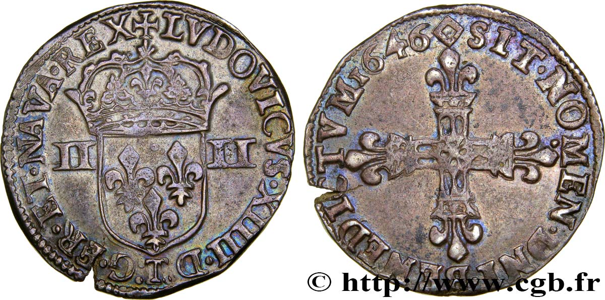 LOUIS XIV  THE SUN KING  Quart d écu, titulature côté écu 1646 Nantes AU/AU