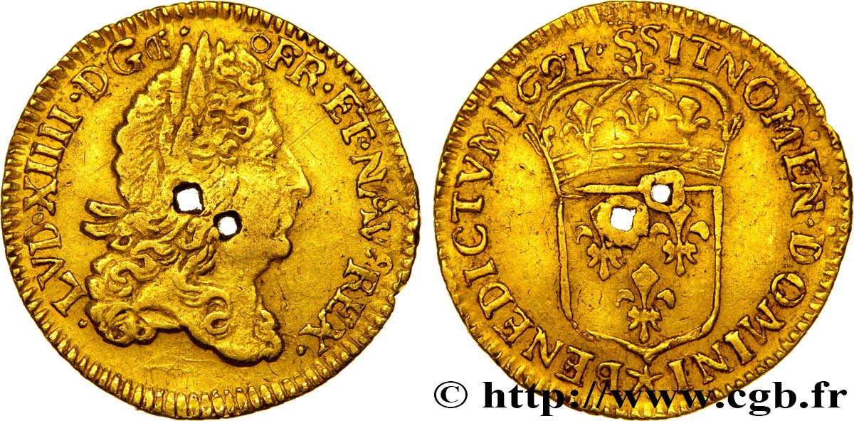 LOUIS XIV  THE SUN KING  Demi-louis d or à l écu, fausse réformation 1691 Troyes BC+