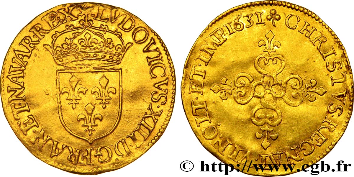 LOUIS XIII LE JUSTE Écu d or au soleil, à la croix anillée fleurdelisée 1631 Paris TTB+/TTB