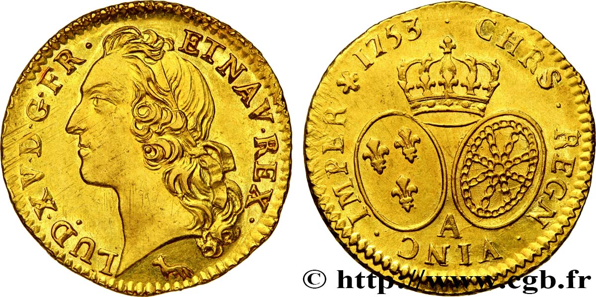 LOUIS XV  THE WELL-BELOVED  Louis d’or aux écus ovales, tête ceinte d’un bandeau 1753 Paris SPL