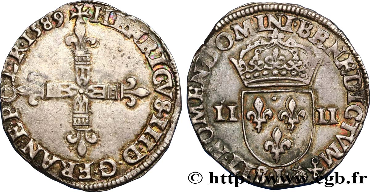 HENRY III Quart d écu, croix de face 1589 Bayonne MBC+/EBC