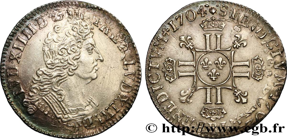 LOUIS XIV  THE SUN KING  Quart d écu aux huit L, 2e type 1704  Rouen EBC