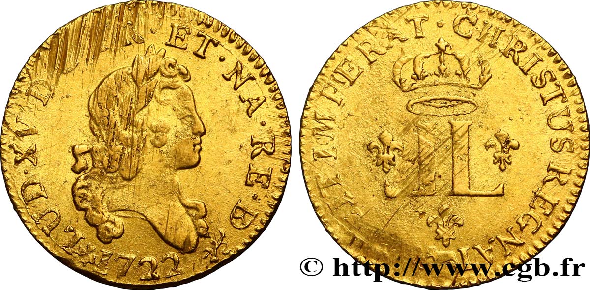 LOUIS XV THE BELOVED Louis d or aux deux L couronnées 1722 Pau AU