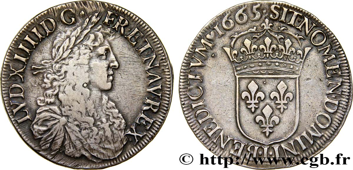 LOUIS XIV  THE SUN KING  Écu, portrait apollinien 1665 Bayonne MBC/MBC+