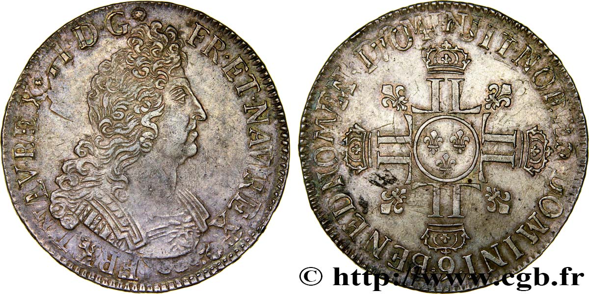 LOUIS XIV  THE SUN KING  Écu aux huit L, 2e type 1704 Rennes MBC+/EBC